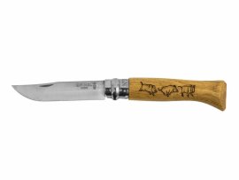 Knife Opinel 8 Folding Inox Beech Boar Motif