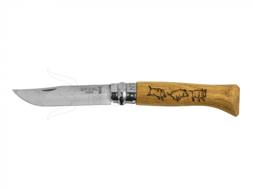 Knife Opinel 8 Folding Inox Beech Boar Motif