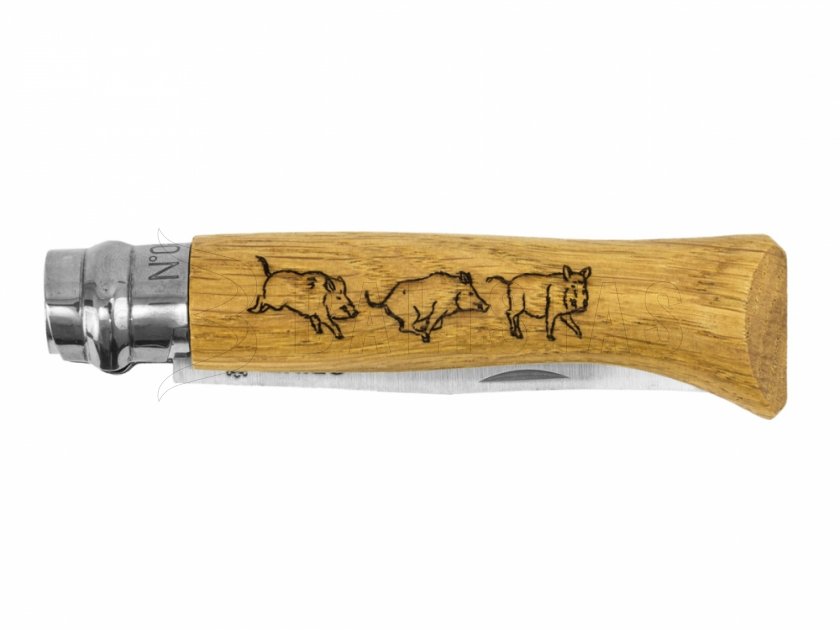 Knife Opinel 8 Folding Inox Beech Boar Motif