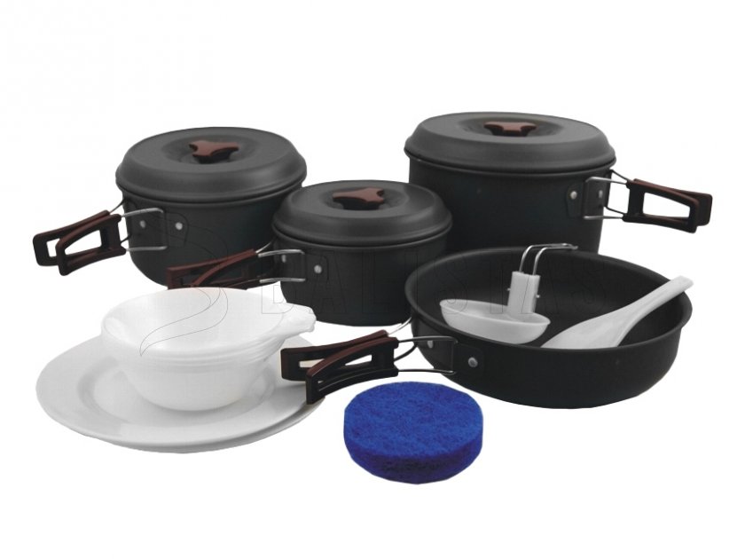 MFH anodized aluminium tourist utensil set for 5 persons