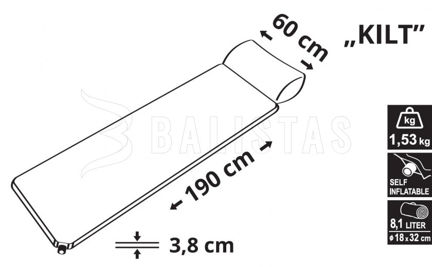 Self-inflating sleeping mat Kilt 3.8 cm with pillow