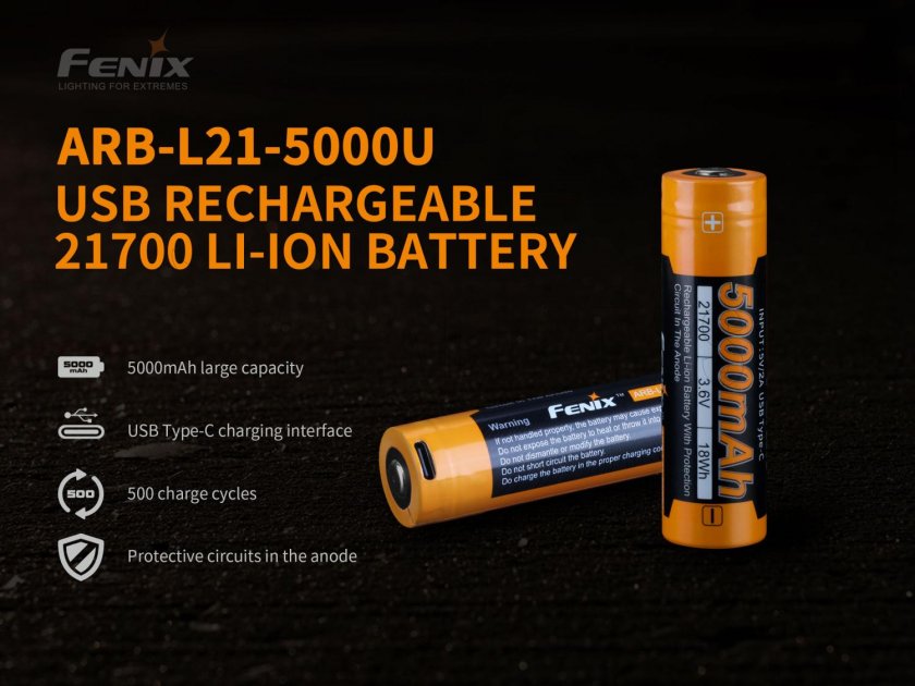 Rechargeable battery Fenix 21700 5000 mAh with USB-C (Li-Ion)