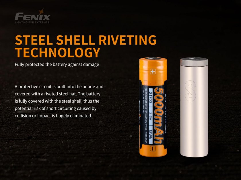 Rechargeable battery Fenix 21700 5000 mAh with USB-C (Li-Ion)