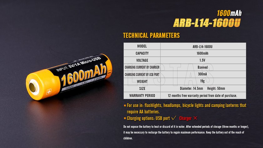 Rechargeable USB AA battery Fenix ARB-L14-1600U