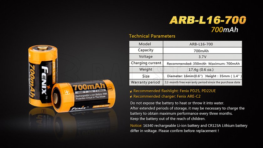Rechargeable battery Fenix RCR123A/16340 (Li-Ion)