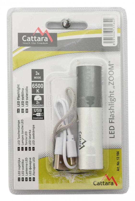 Pocket LED flashlight Cattara 120lm ZOOM rechargeable SILVER